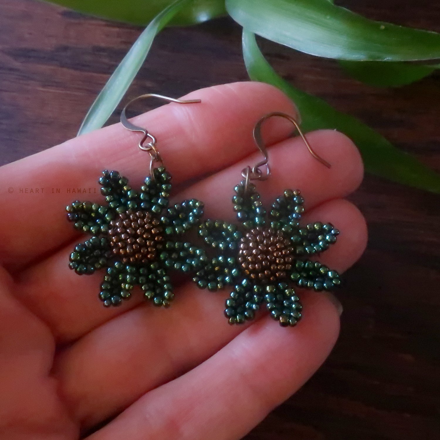 Heart in Hawaii Beaded Cosmos Flower Earrings - Galactic Green and Bronze