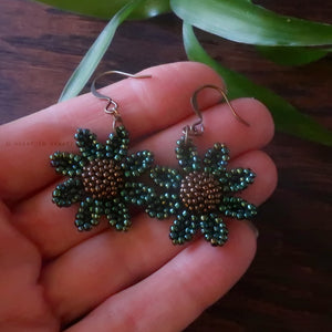 Heart in Hawaii Beaded Cosmos Flower Earrings - Galactic Green and Bronze