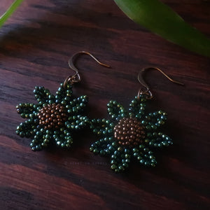 Heart in Hawaii Beaded Cosmos Flower Earrings - Galactic Green and Bronze