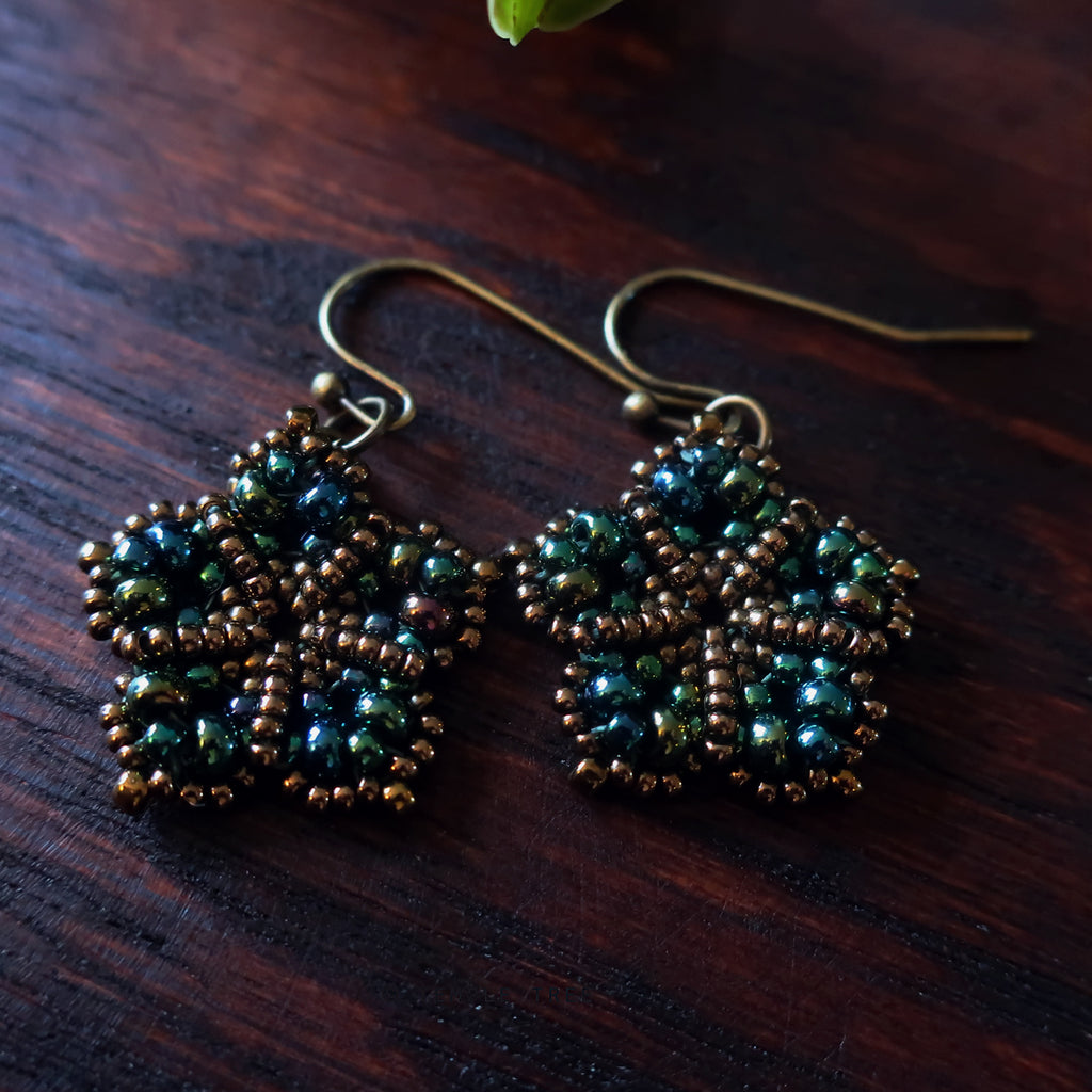 Temple Tree Mandala Flower Beaded Dangle Earrings - Galactic Green