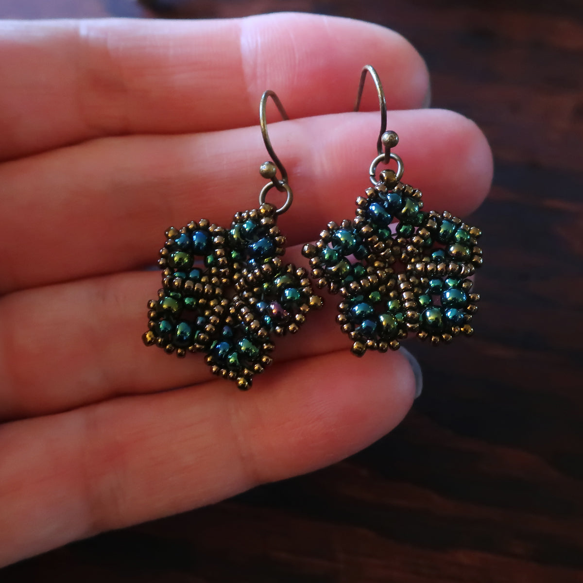 Temple Tree Mandala Flower Beaded Dangle Earrings - Galactic Green