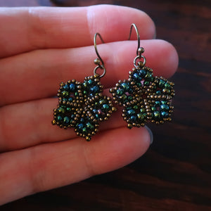 Temple Tree Mandala Flower Beaded Dangle Earrings - Galactic Green