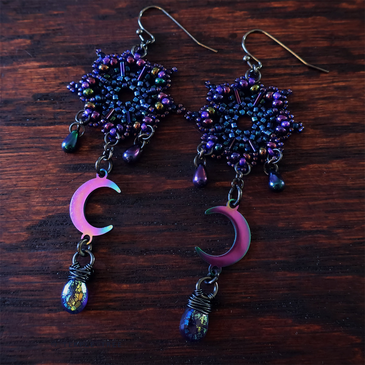 Temple Tree Galactic Purple Dharma Wheel Beaded Earrings with Amethysts