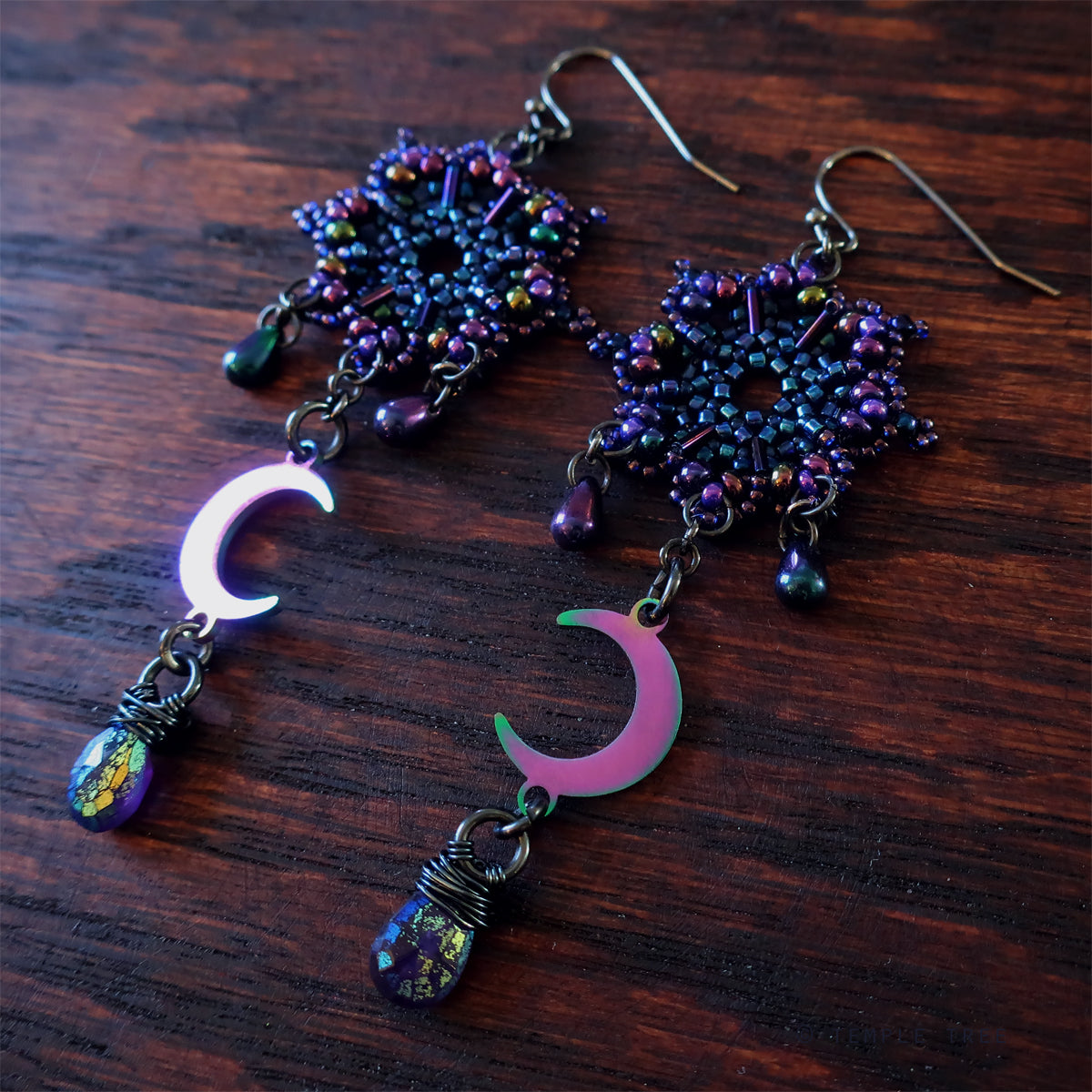 Temple Tree Galactic Purple Dharma Wheel Beaded Earrings with Amethysts