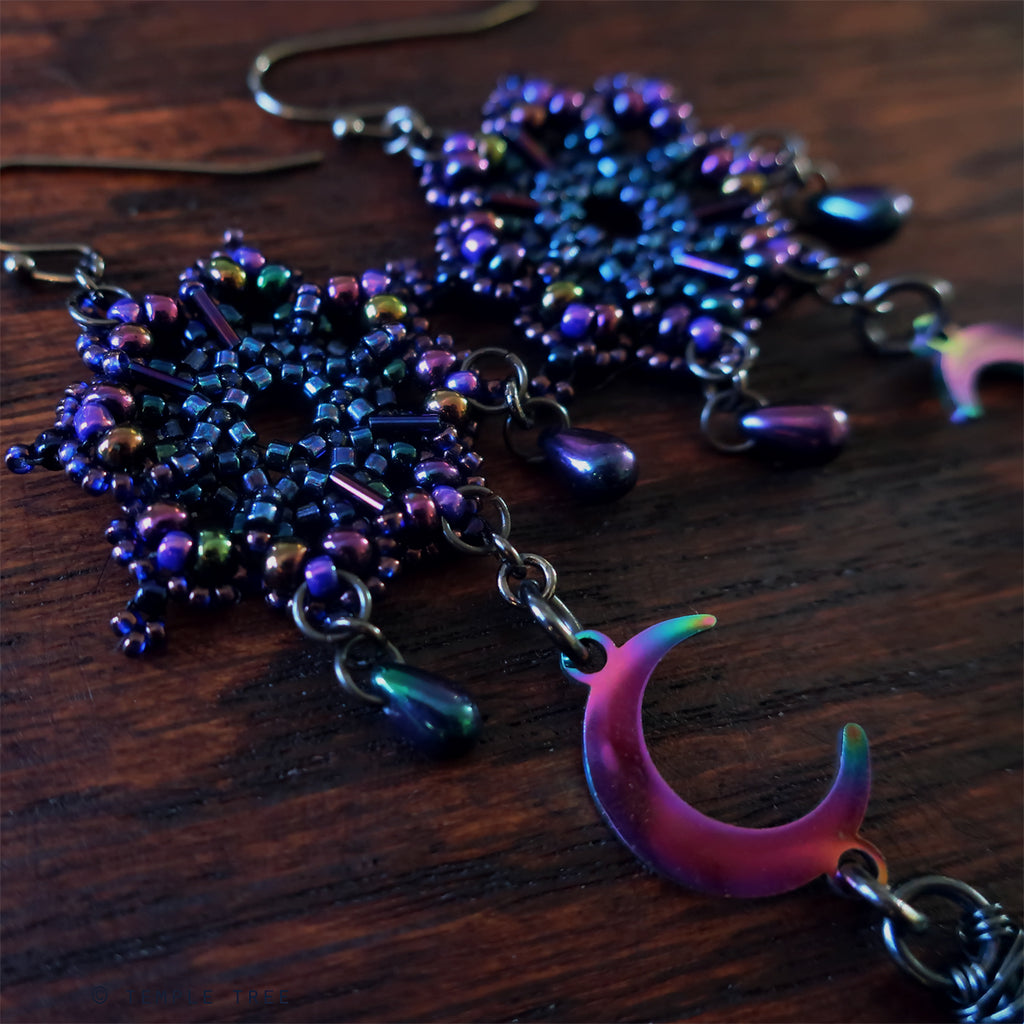 Temple Tree Galactic Purple Dharma Wheel Beaded Earrings with Amethysts