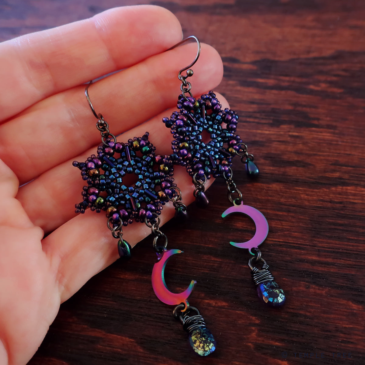 Temple Tree Galactic Purple Dharma Wheel Beaded Earrings with Amethysts