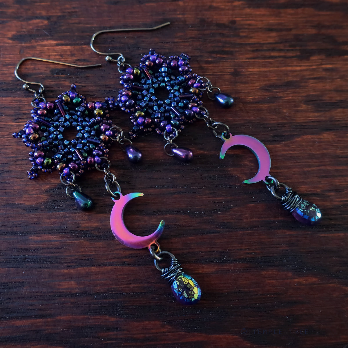 Temple Tree Galactic Purple Dharma Wheel Beaded Earrings with Amethysts