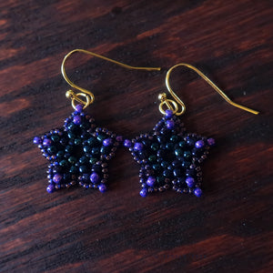 Temple Tree Mini-Flower Beaded Brass Dangle Earrings - Galaxy Purple