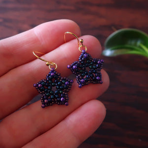 Temple Tree Mini-Flower Beaded Brass Dangle Earrings - Galaxy Purple