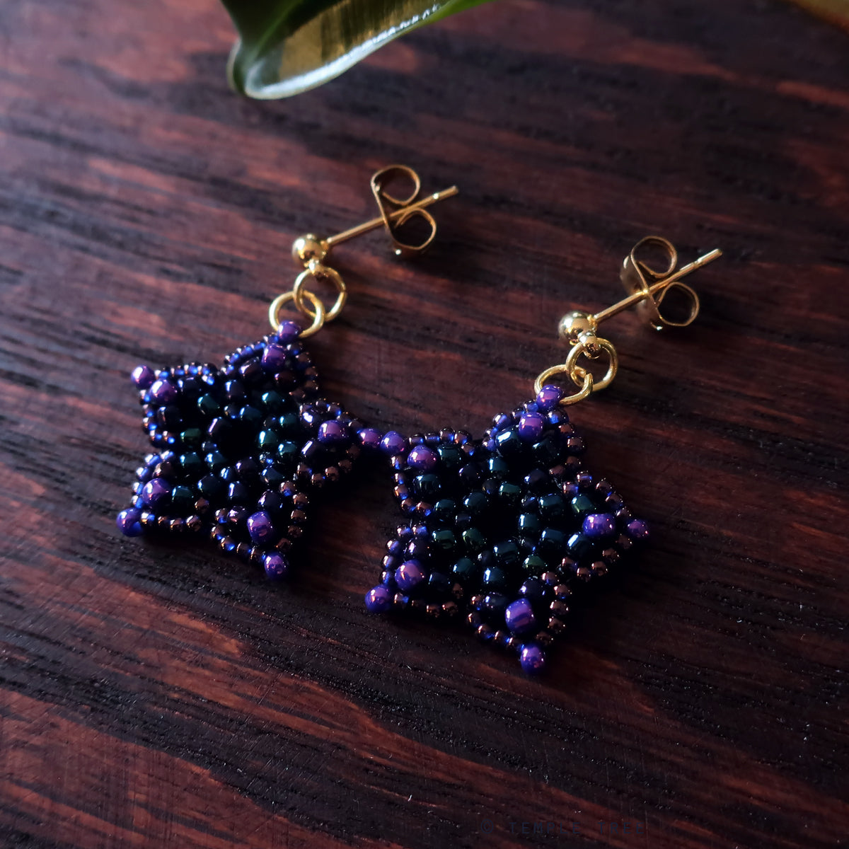 Temple Tree Mini-Flower Beaded Gold Plated Post Earrings - Galaxy Purple
