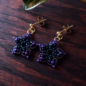 Temple Tree Mini-Flower Beaded Gold Plated Post Earrings - Galaxy Purple