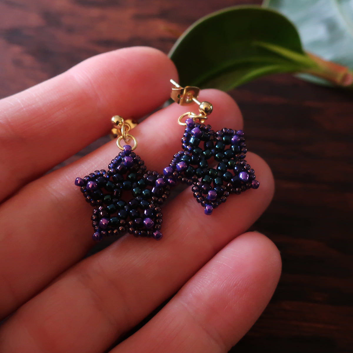 Temple Tree Mini-Flower Beaded Gold Plated Post Earrings - Galaxy Purple