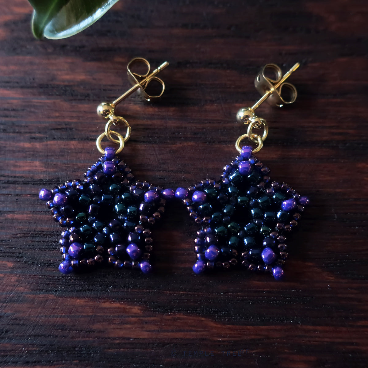 Temple Tree Mini-Flower Beaded Gold Plated Post Earrings - Galaxy Purple