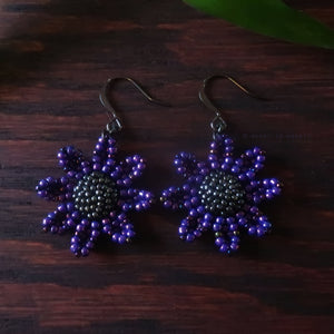 Heart in Hawaii Beaded Cosmos Flower Earrings - Galactic Purple and Hematite