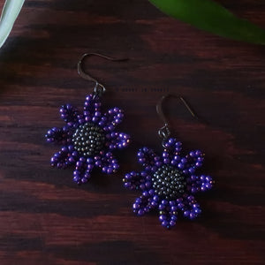 Heart in Hawaii Beaded Cosmos Flower Earrings - Galactic Purple and Hematite