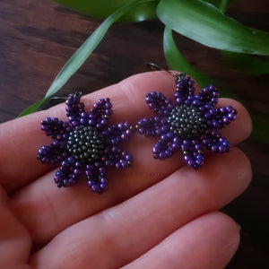 Heart in Hawaii Beaded Cosmos Flower Earrings - Galactic Purple and Hematite