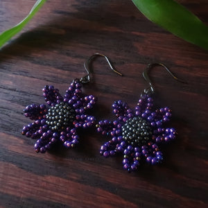 Heart in Hawaii Beaded Cosmos Flower Earrings - Galactic Purple and Hematite