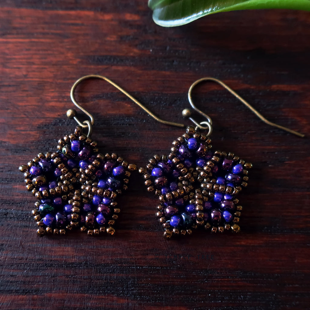 Temple Tree Mandala Flower Beaded Dangle Earrings - Galactic Purple