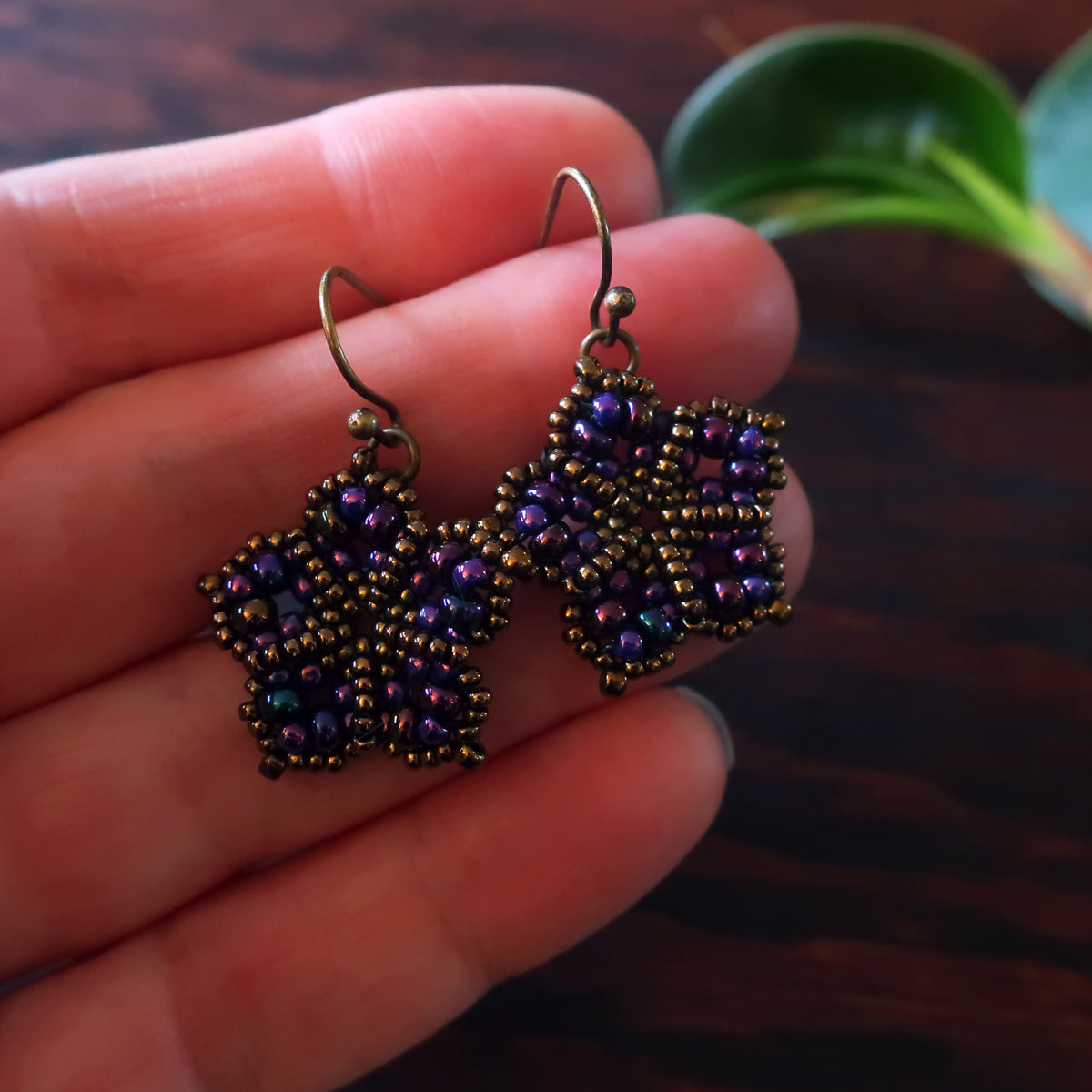 Temple Tree Mandala Flower Beaded Dangle Earrings - Galactic Purple
