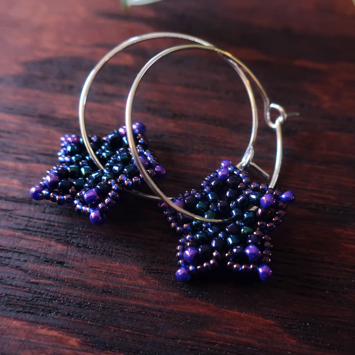 Temple Tree Mini-Flower Beaded Silver Hoop Earrings - Galaxy Purple