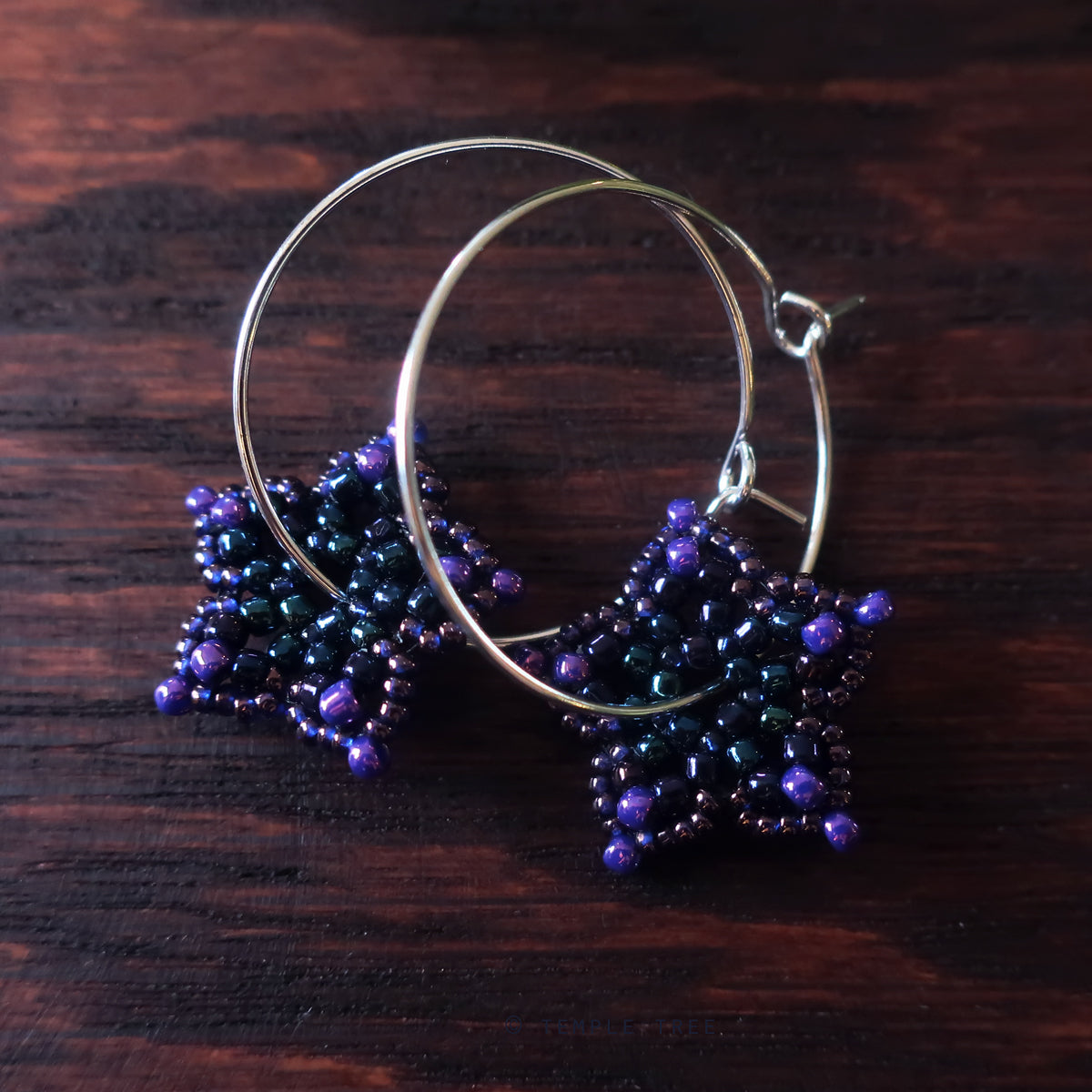 Temple Tree Mini-Flower Beaded Silver Hoop Earrings - Galaxy Purple