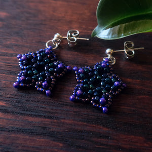 Temple Tree Mini-Flower Beaded Silver Post Earrings - Galaxy Purple