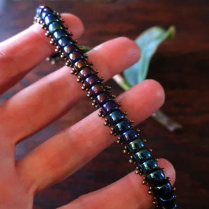 Temple Tree Boho Glass Bead Caterpillar Weave Bracelet - Galactic Blue and Bronze