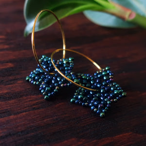 Temple Tree Mini-Flower Beaded Goldtone Hoop Earrings - Galactic Blue