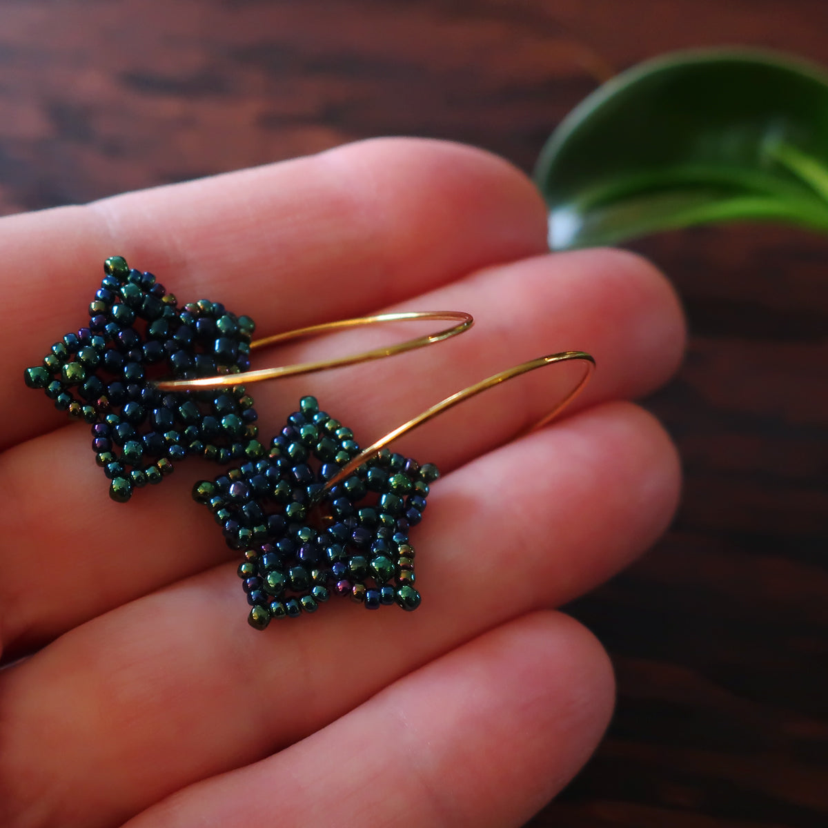 Temple Tree Mini-Flower Beaded Goldtone Hoop Earrings - Galactic Blue