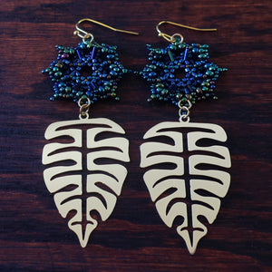 Temple Tree Dharma Wheel Beaded Earrings with Monstera Leaves - Galactic Blue