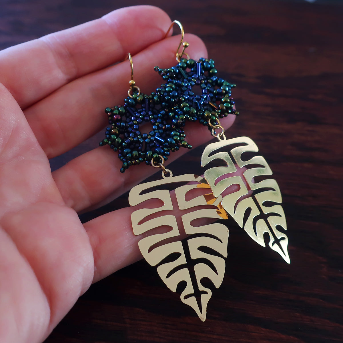 Temple Tree Dharma Wheel Beaded Earrings with Monstera Leaves - Galactic Blue