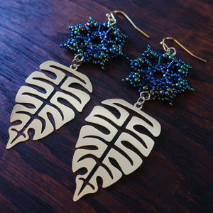 Temple Tree Dharma Wheel Beaded Earrings with Monstera Leaves - Galactic Blue