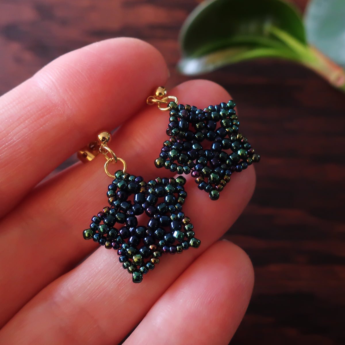 Temple Tree Mini-Flower Beaded Gold plated Post Earrings - Galactic Blue