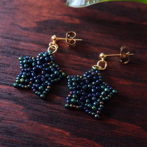 Temple Tree Mini-Flower Beaded Gold plated Post Earrings - Galactic Blue