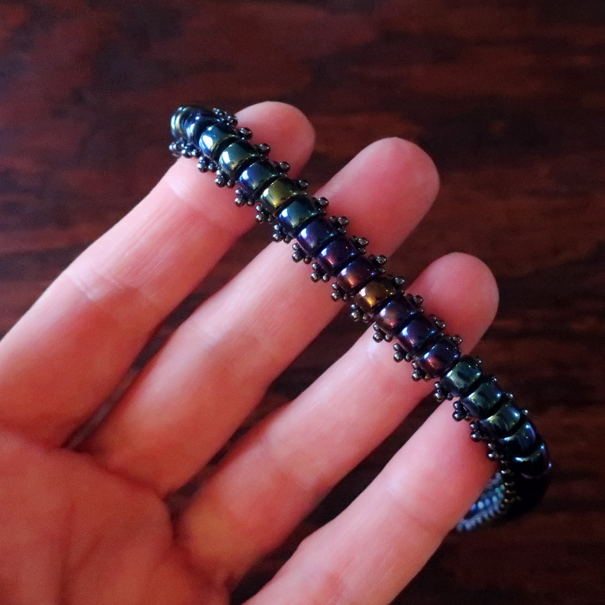 Temple Tree Boho Glass Bead Caterpillar Weave Bracelet - Galactic Blue and Hematite