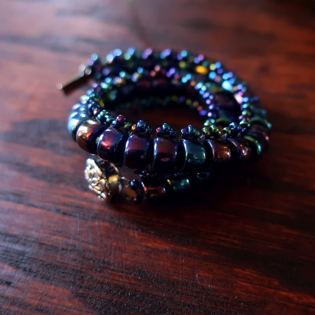 Temple Tree Boho Glass Bead Caterpillar Weave Bracelet - Galactic Blue