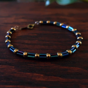 Temple Tree Bamboo Weave Beaded Bracelet - Galactic Blue witj bronze
