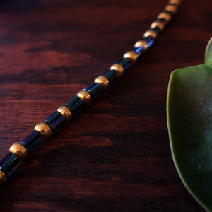 Temple Tree Bamboo Weave Beaded Bracelet - Galactic Blue Bugle with Gold