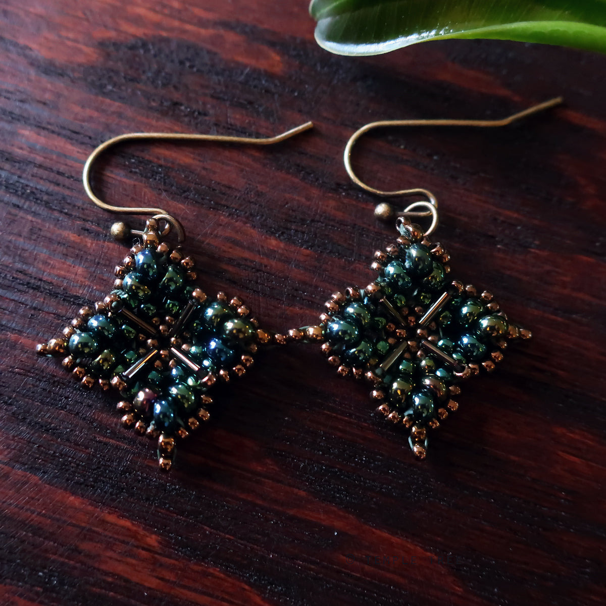 Temple Tree Quatrefoil Mandala Beaded Earrings - Galactic Green
