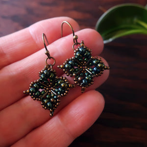 Temple Tree Quatrefoil Mandala Beaded Earrings - Galactic Green