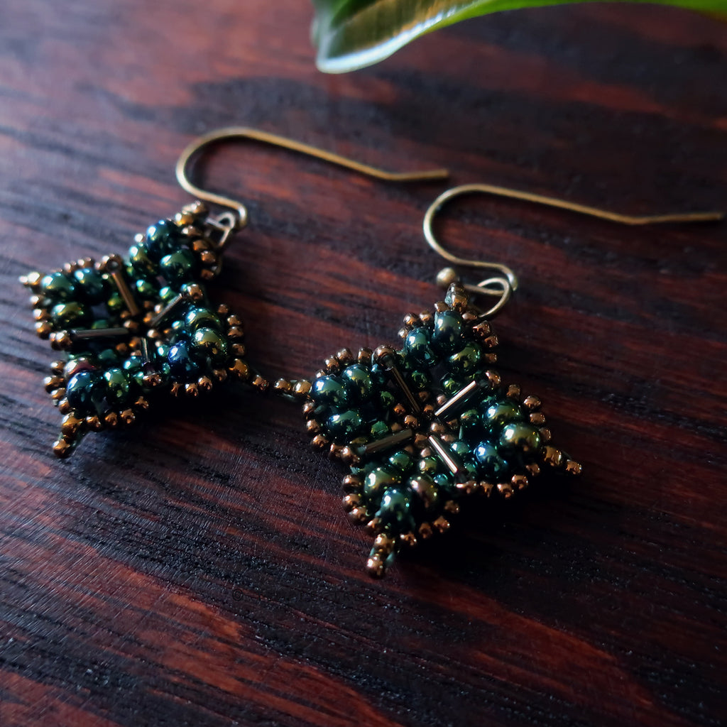 Temple Tree Quatrefoil Mandala Beaded Earrings - Galactic Green