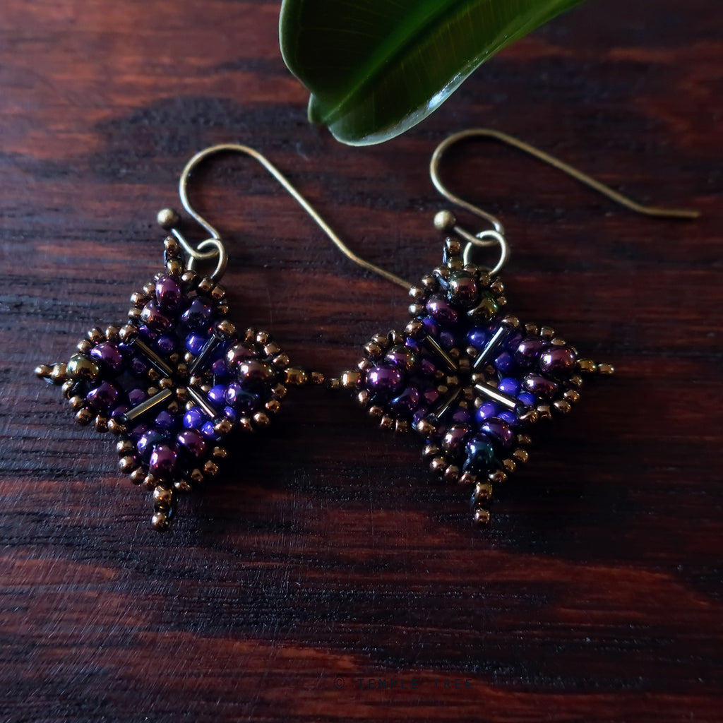 Temple Tree Quatrefoil Mandala Beaded Earrings - Galactic Purple