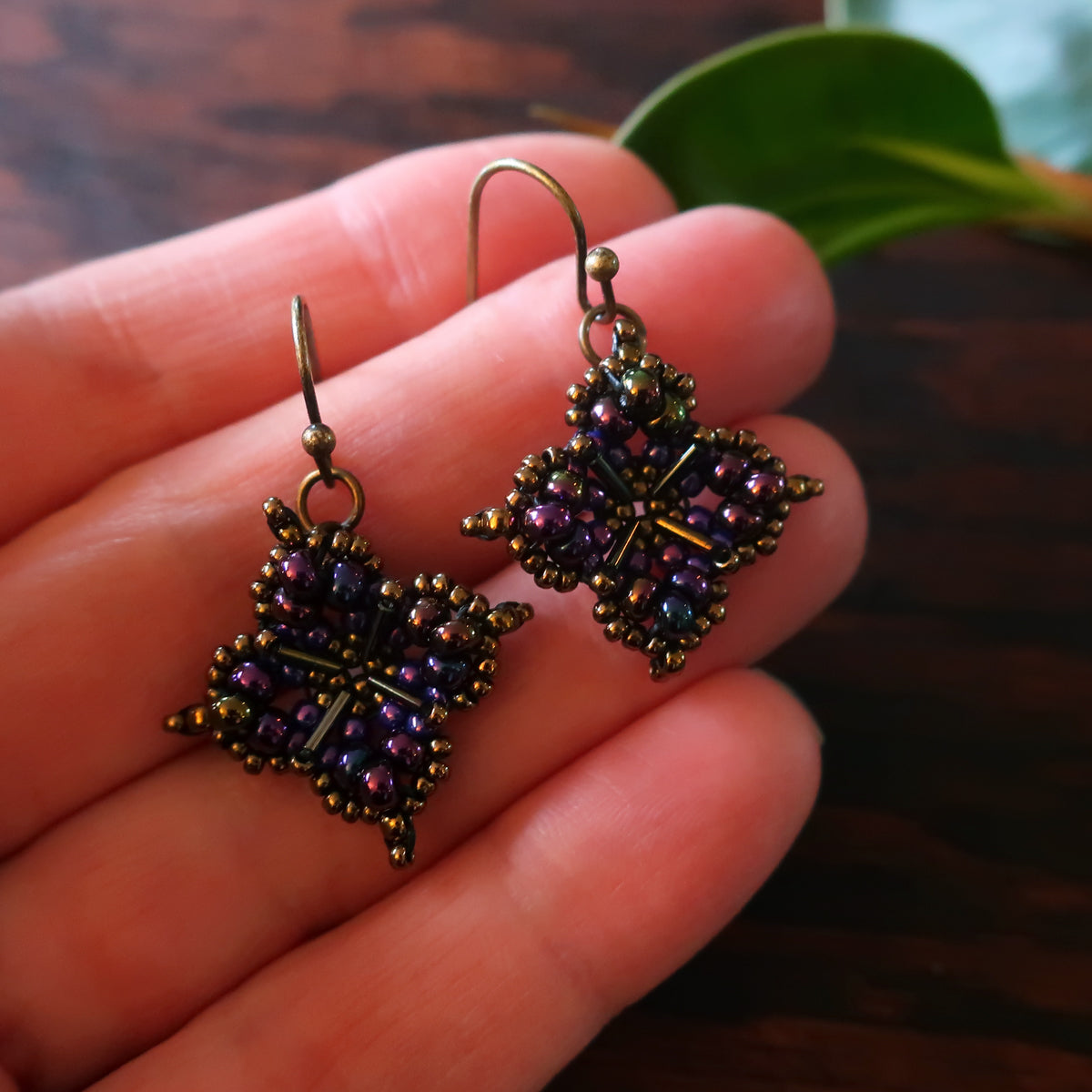 Temple Tree Quatrefoil Mandala Beaded Earrings - Galactic Purple