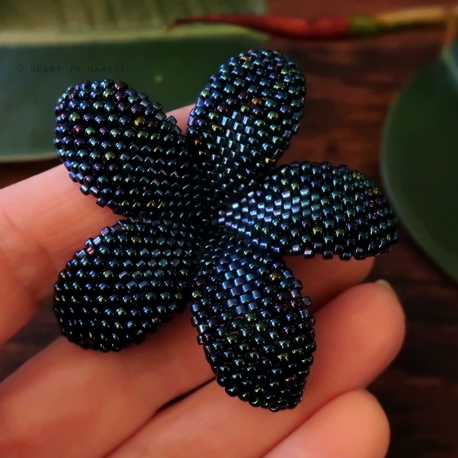 Heart in Hawaii 2 Inch Beaded Plumeria Flower Brooch - Galactic Blue