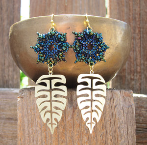 Temple Tree Dharma Wheel Beaded Earrings with Monstera Leaves