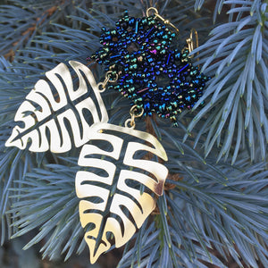 Temple Tree Dharma Wheel Beaded Earrings with Monstera Leaves - Galactic Blue