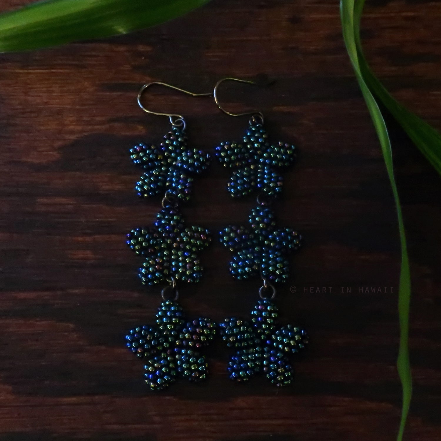 Heart in Hawaii Triple Plumeria Long Dangle Earrings - Galaxy Blue