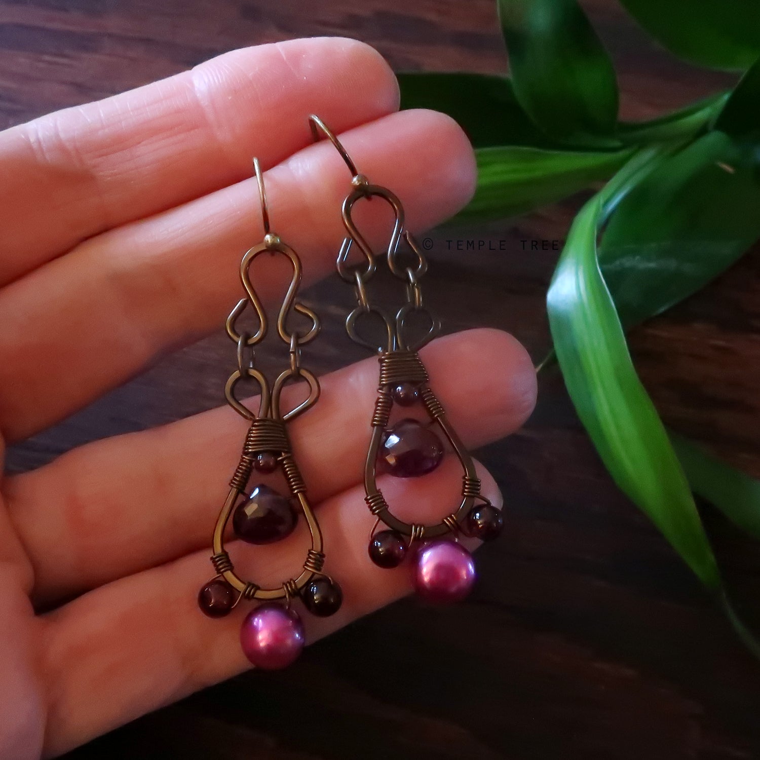 Temple Tree Pendulum Dangles in Bronze - Garnet