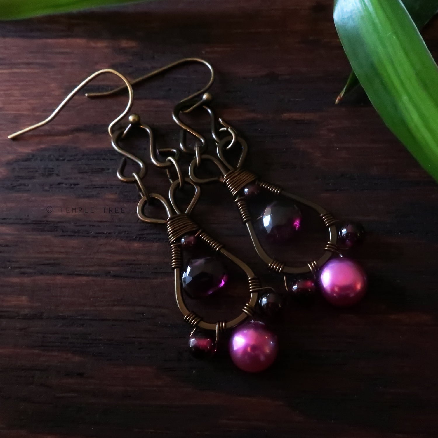 Temple Tree Pendulum Dangles in Bronze - Garnet