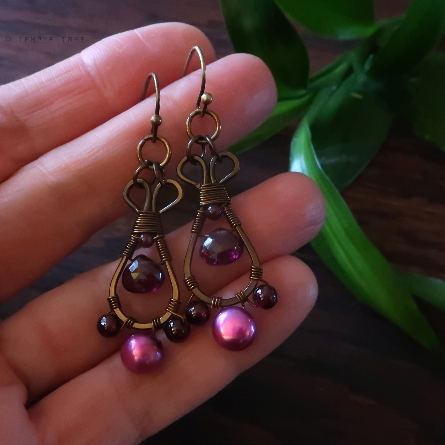 Temple Tree Pendulum Dangles in Bronze - Garnet